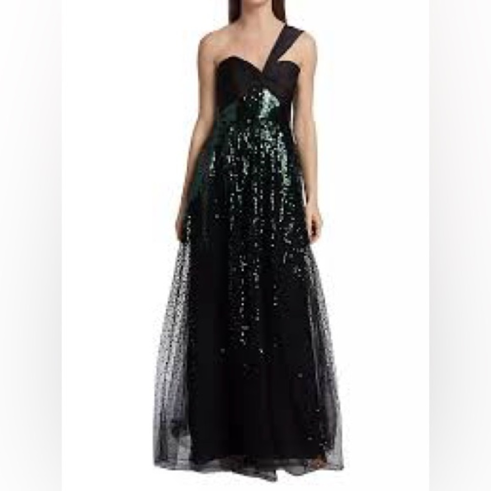 Marchesa notte black green sequin gown one shoulder